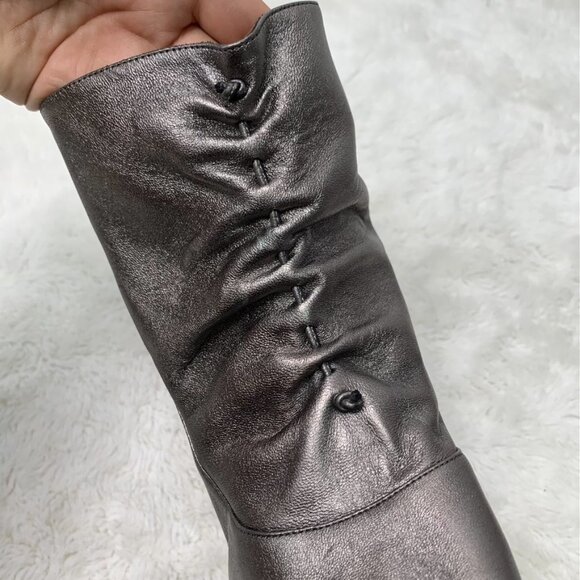 Manolo Blahnik Women's Pewter Silver Peep Toe Ruched Stiletto Booties Size 38.5 - Picture 14 of 15